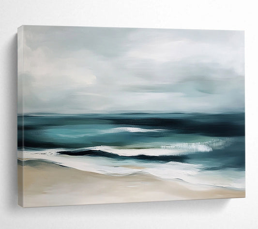 “Muted Coastal Calm” - Gray, Teal, Beige, Abstract Beach - Minimalist Oil Painting HB1507