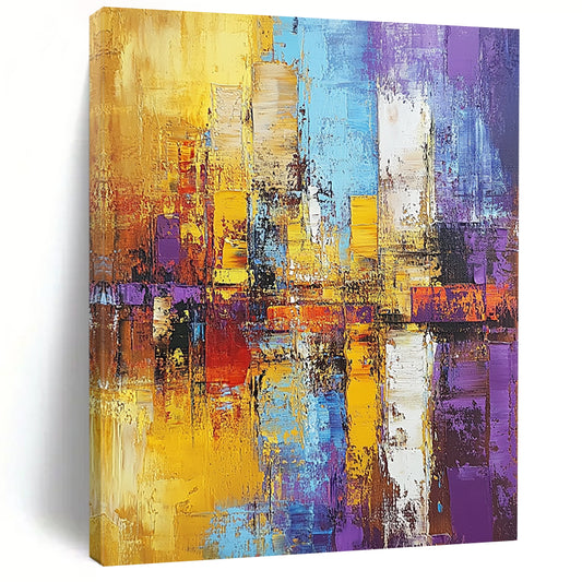 Contemporary hand-painted abstract art featuring a textured cityscape in gold and purple, showcasing expressive brushstrokes in a striking composition. DLZ0467