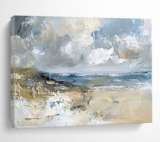 “Impasto Beachscape” - Gray, Blue, Beige, Textured Seaside Scene Painting On Canvas HB1032
