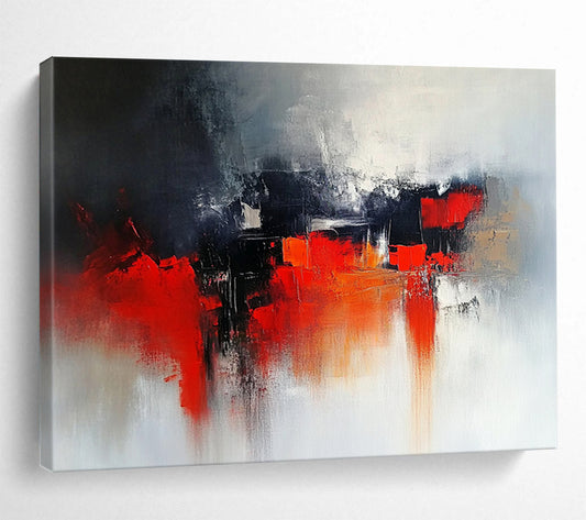 “Dark Urban Abstract” - Gray, black, red, orange; Moody abstract cityscape; Oil Painting On Canvas HB1208