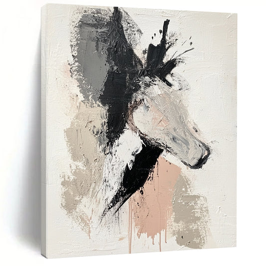 Contemporary abstract painting featuring an animal on a white background with muted colors bold black gray beige and pink brush strokes and raw texture. DLZ0867