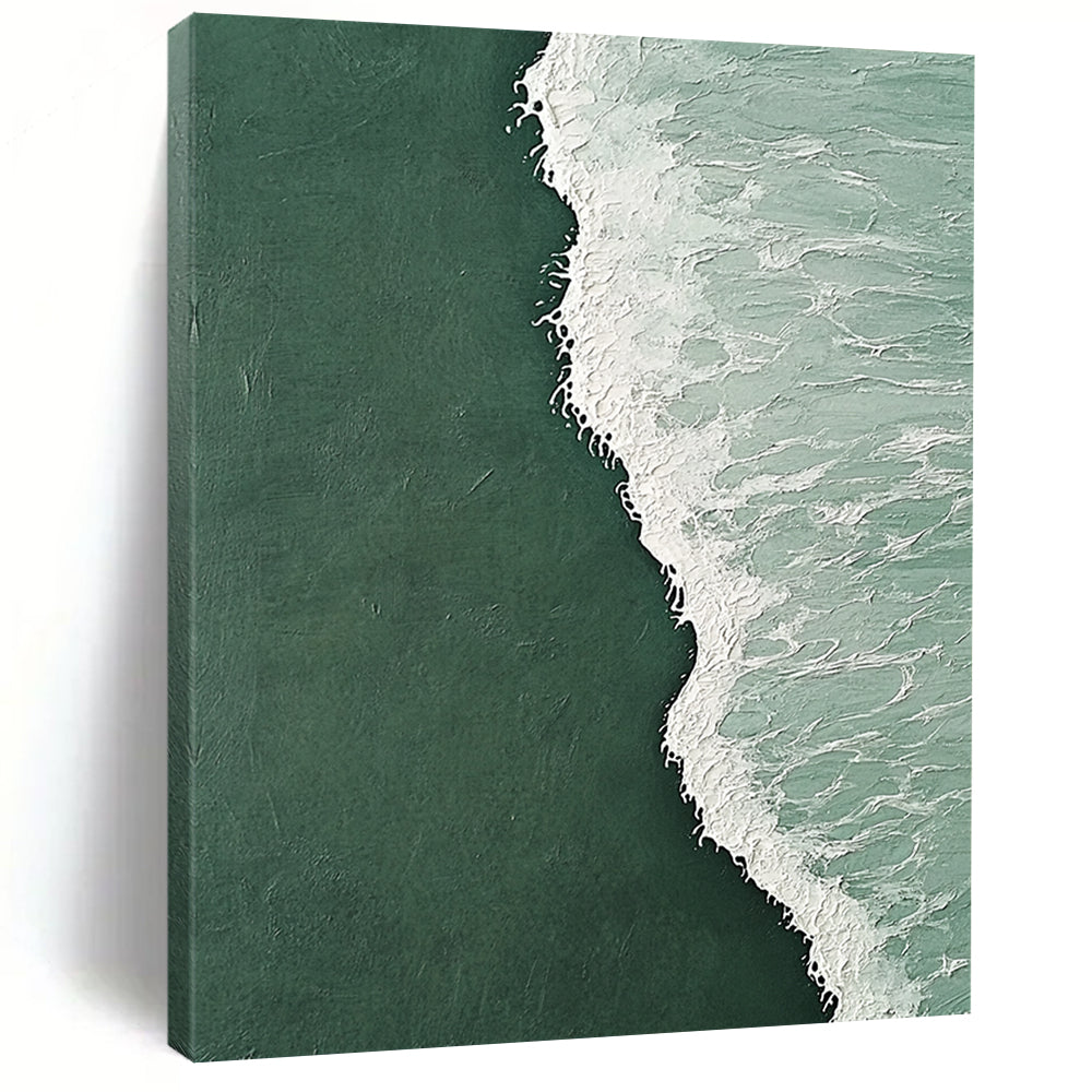 Contemporary hand-painted abstract artwork depicting a serene clash of dark green and light white ocean waves with intricate designs and a cool backdrop. DLZ1183
