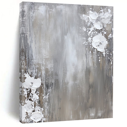 Contemporary hand-painted abstract art featuring a neutral gray and white palette with dynamic paint splashes on canvas for a minimalist aesthetic. DLZ0715