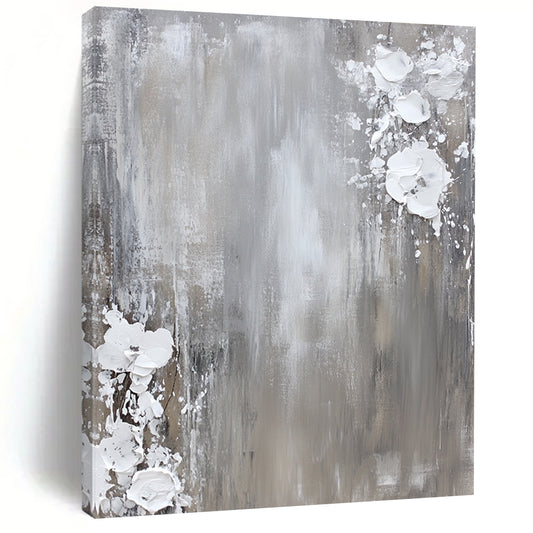 Contemporary hand-painted abstract art featuring a neutral gray and white palette with dynamic paint splashes on canvas for a minimalist aesthetic. DLZ0715