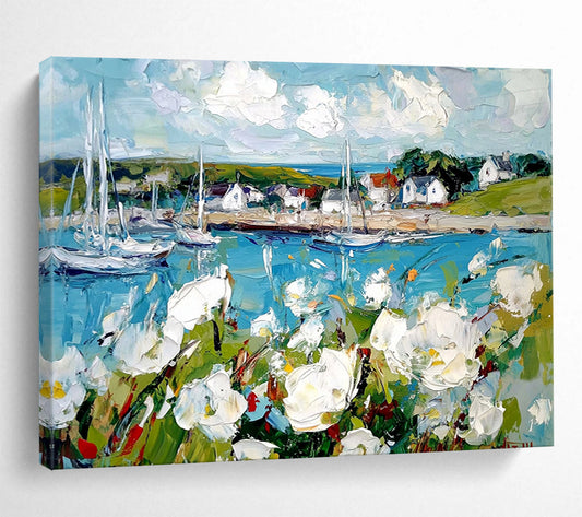 Blue, White, Green and Yellow Coastal Harbor with Flowers "Harbor Blooms" Painting On Canvas HB0666
