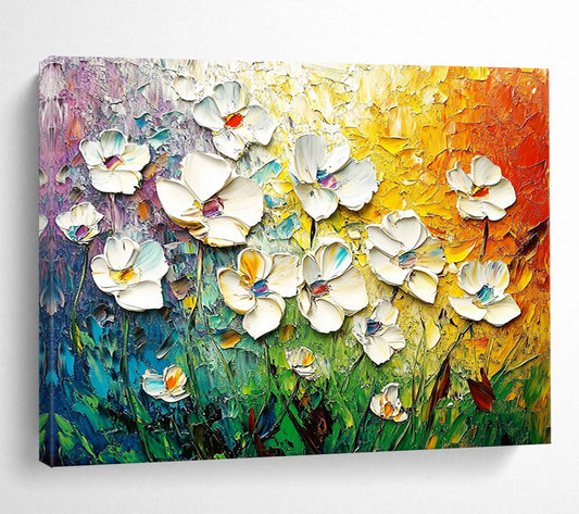 “Vibrant 3D Floral Burst” - White, Colorful, Textured Flowers Painting On Canvas HB0727
