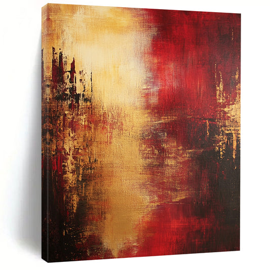 Contemporary hand-painted abstract artwork features atmospheric reds and yellows with an impressionistic cityscape embodying emotional depth and dramatic lighting. DLZ0693