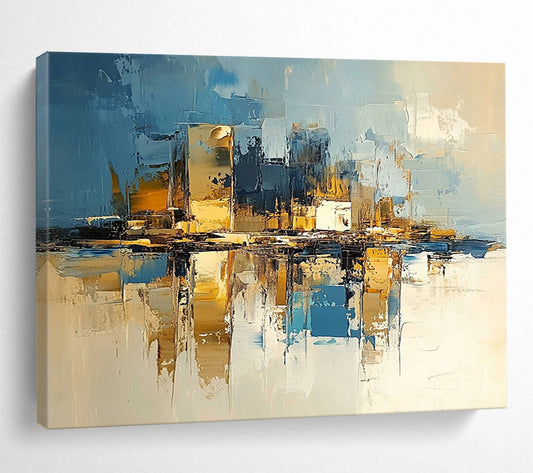 “Cityscape Reflections” - Deep blues, golds, whites; Abstract city skyline mirrored in water; Palette Knife Oil Painting On Canvas HB1177