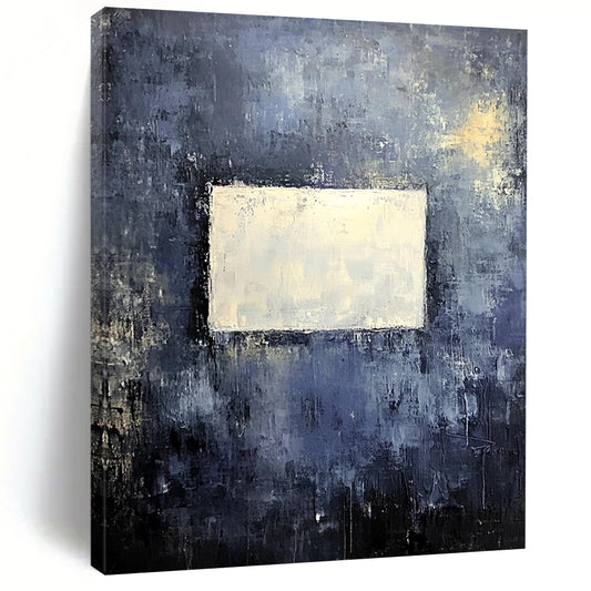 Bold contemporary abstract painting features a muted gray wall with dark blue and yellow tones highlighted by a central white square, creating a striking visual impact. DLZ0453