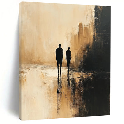 Contemporary abstract painting featuring minimalist human figures in dark beige and black against a blurred cityscape with textured canvas and soft lighting. DLZ0556