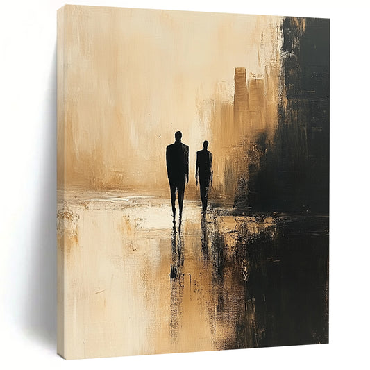 Contemporary abstract painting featuring minimalist human figures in dark beige and black against a blurred cityscape with textured canvas and soft lighting. DLZ0556
