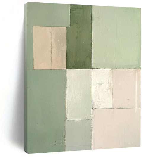 Contemporary hand-painted abstract artwork features a minimalist design with soft pastel green and beige squares in varying sizes. DLZ1334