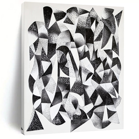 Black and White Geometric Abstraction "Monochrome Geometry" Painting On Canvas HB390