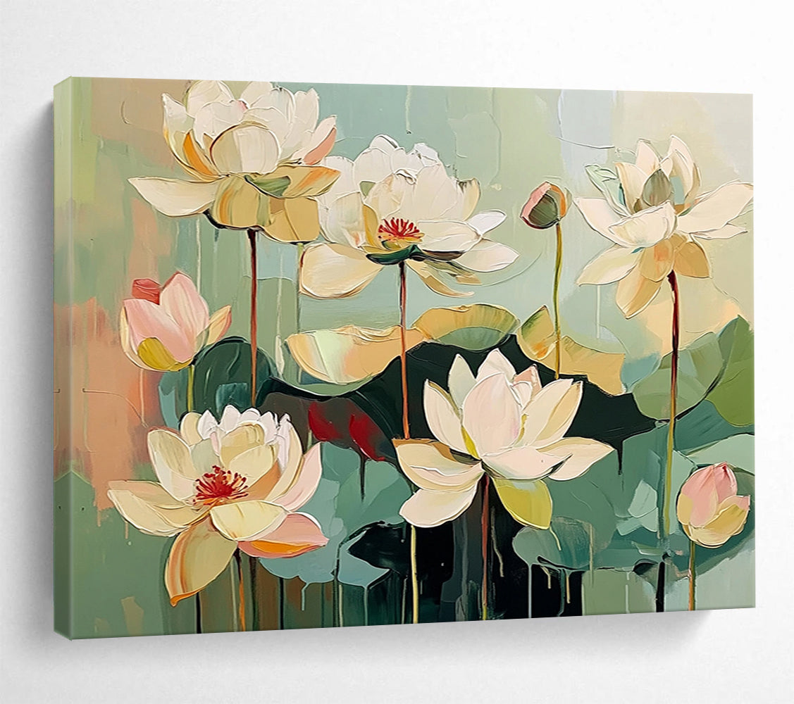 “Textured White Lotus Flowers” - White, Green, Pink, Layered Lotus Blooms - Impasto Acrylic Painting HB1651