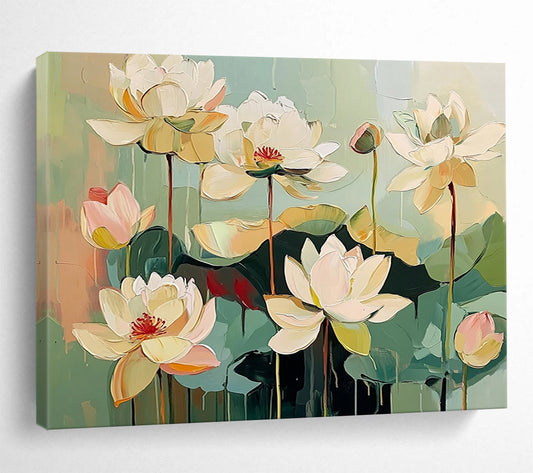 “Textured White Lotus Flowers” - White, Green, Pink, Layered Lotus Blooms - Impasto Acrylic Painting HB1651