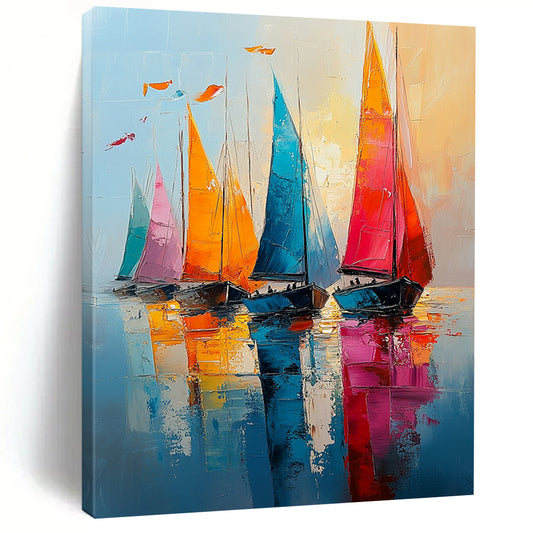 Contemporary abstract painting showcasing vibrant sailboats on shimmering waters with bold brush strokes and dynamic reflections under a light blue sky. DLZ1698