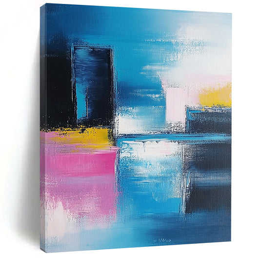 Modern abstract artwork features vibrant blue and pink brushstrokes, showcasing a contemporary cityscape against a soft sky and serene sea. DLZ0348