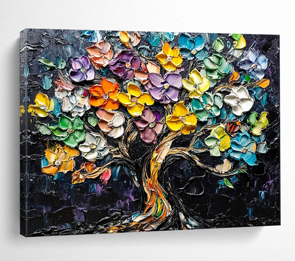 “Colorful Flower Tree” - Colorful, Textured, Flower Tree Painting On Canvas HB0751