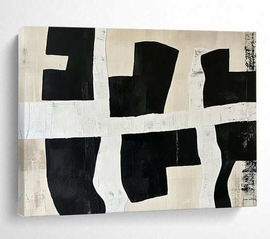 “Black - White Grid Shapes” - Black, white, beige, Abstract Geometric Painting HB0640