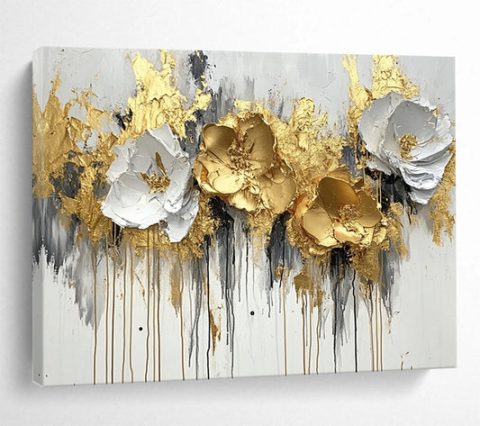 “Gold - White Floral Abstract” - Gold, White, Gray, Textured Flowers - Painting On Canvas HB1414
