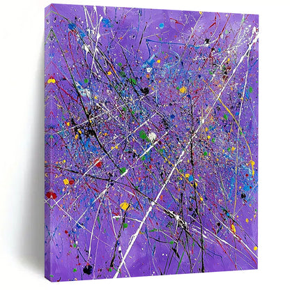 Contemporary abstract art features a vibrant purple backdrop with expressive white lines and colorful splatters, perfect for elevating any space. DLZ0720