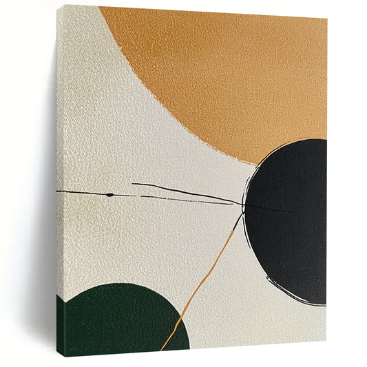 Contemporary hand-painted abstract art featuring minimalistic shapes in earthy tones with a calming palette and elegant black lines connecting forms. DLZ1191