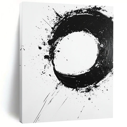Black Splattered Circular Ink - “Expressive Enso Mark” Painting On Canvas HB232