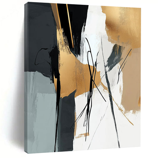 Contemporary abstract wall art featuring elegant brushstrokes in black beige and gold harmoniously blended with natural elements for a tranquil atmosphere. DLZ0318