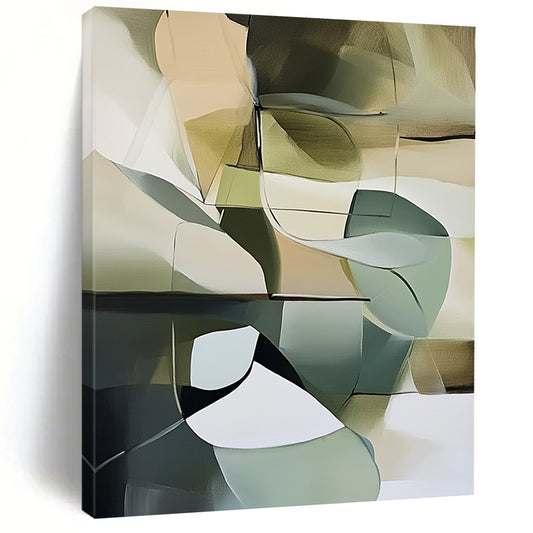Contemporary abstract artwork featuring muted green tones and light colors against a dark gray background, inspired by Frey and Marie-Suze van der Hout. DLZ0490