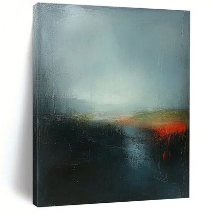 Contemporary abstract artwork featuring deep sky blue and green with red highlights, layered under a dark gray misty sky, inspired by Turner's atmospheric style. DLZ0400