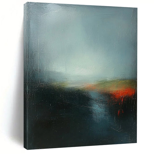 Contemporary abstract artwork featuring deep sky blue and green with red highlights, layered under a dark gray misty sky, inspired by Turner's atmospheric style. DLZ0400