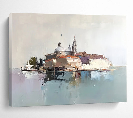 “Abstract Venetian Island” - Browns, Greys, Blues, Purple, Island Scene - Abstract Oil Painting HB1578