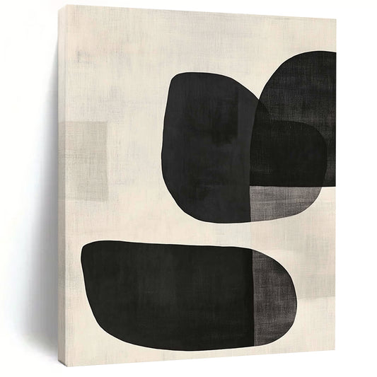 Large contemporary hand-painted abstract artwork features minimalist black and white design with curved oval shapes and textured background in soft tones. DLZ1338