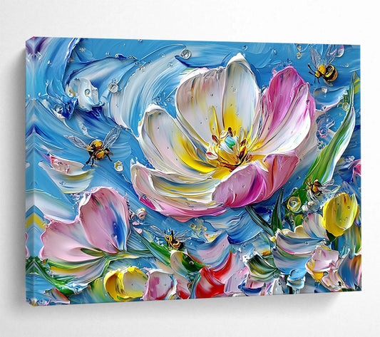 3D Textured Flower with Bees on Blue - Impasto Floral Painting On Canvas HB0447