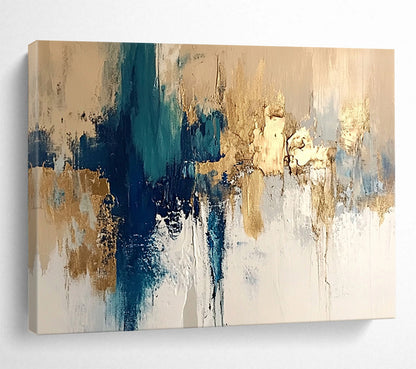 “Blue and Gold Abstract” - Beige, White, Blue, Gold, Elegant Abstract Painting On Canvas HB0964