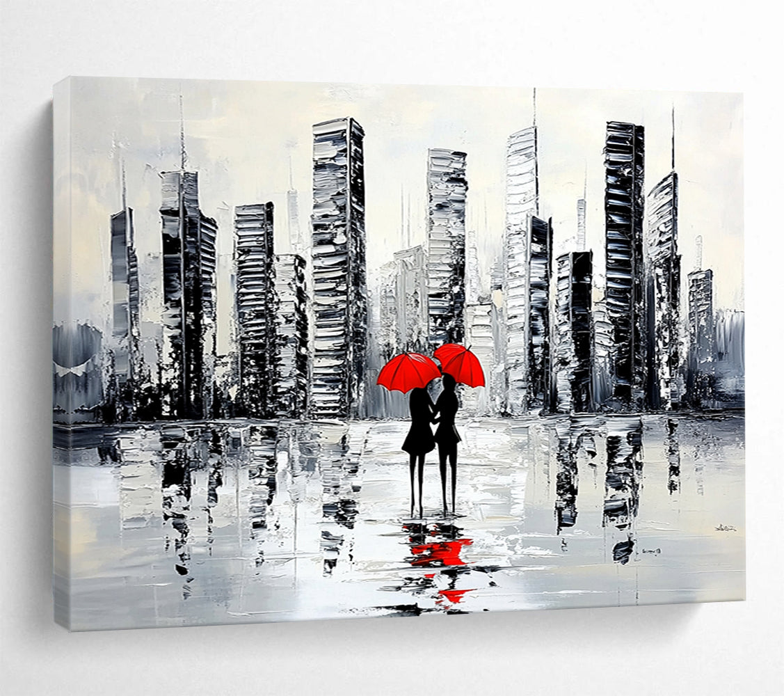 “City Lovers with Red Umbrellas” - Black, White, Red, Urban Couple Scene Painting On Canvas HB0849