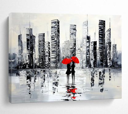 “City Lovers with Red Umbrellas” - Black, White, Red, Urban Couple Scene Painting On Canvas HB0849