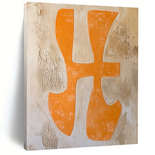 Contemporary abstract painting featuring orange "Xing" characters in a textured canvas with warm terracotta and pale yellow hues. DLZ1706
