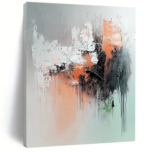 Contemporary abstract painting features soft gray peach and black colors with a serene explosion of dark green rust orange and brown elements. DLZ1054