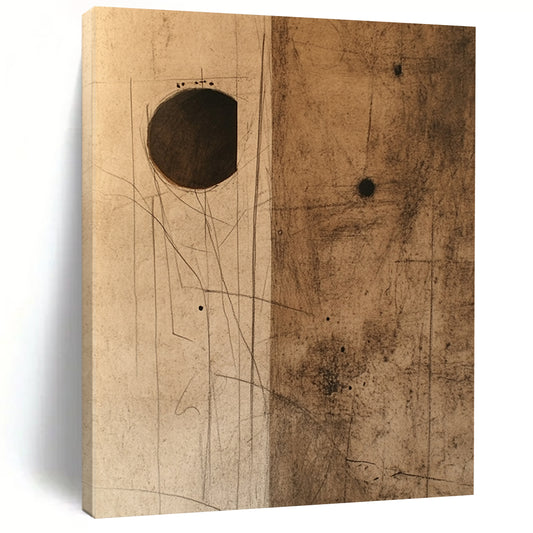 Contemporary hand-painted abstract art features textured brown paper with dark stains and a small hole, complemented by a striking cardboard piece. DLZ1089