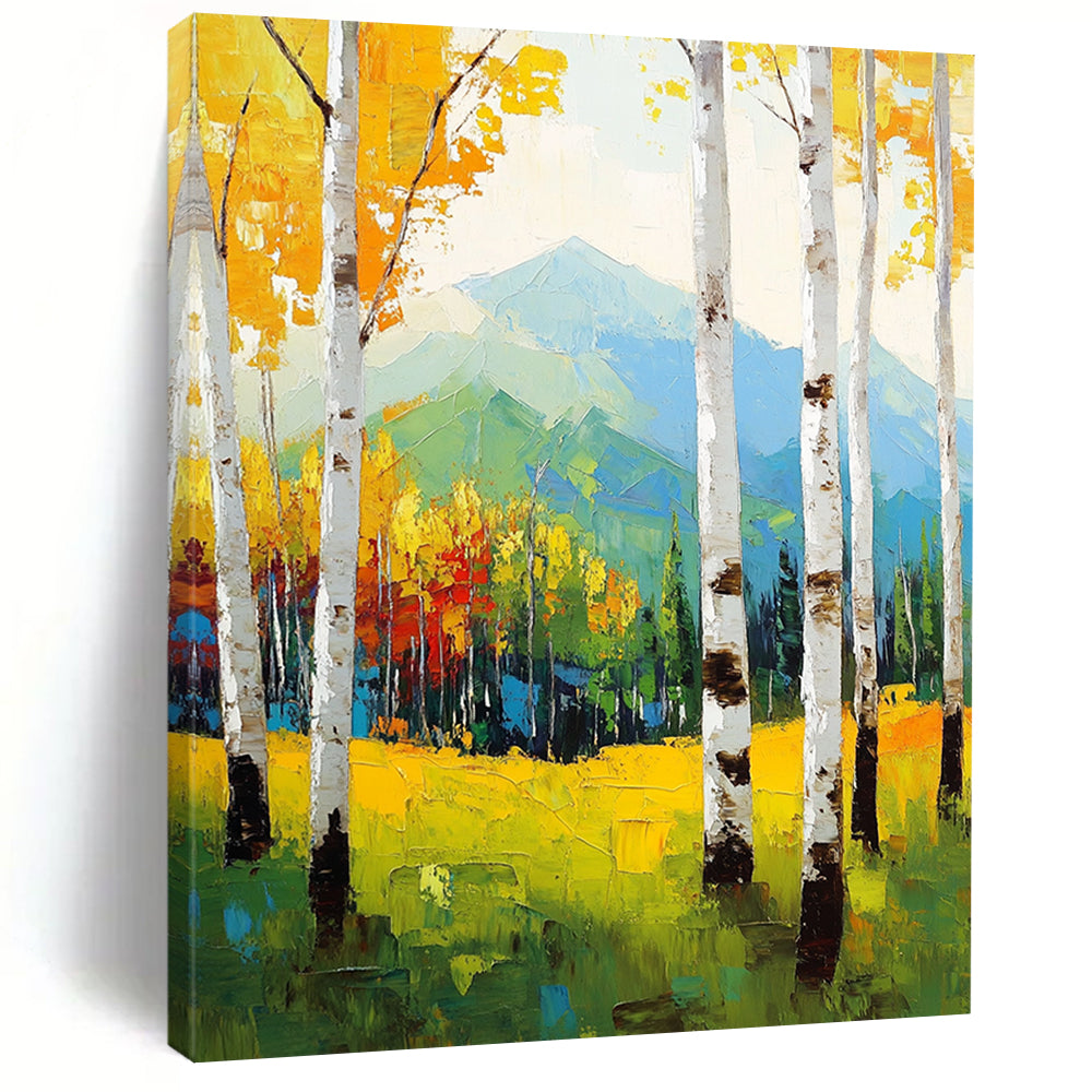 Large contemporary hand-painted abstract artwork featuring birch trees in vibrant spring colors against a mountain backdrop with expressive brushstrokes. DLZ1100