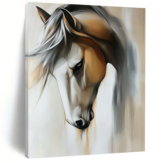 Contemporary abstract painting featuring a close-up view of a horse in muted light gray and off-white tones on a beige background. DLZ1670