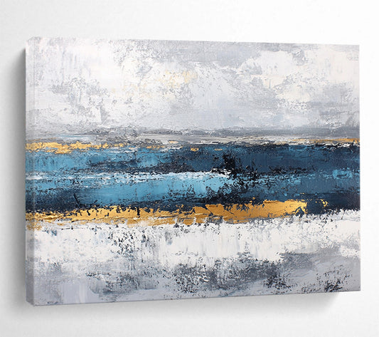 “Gray - Blue Abstract with Gold Accents” - Gray, Blue, Gold, Horizontal Strokes Painting On Canvas HB0838