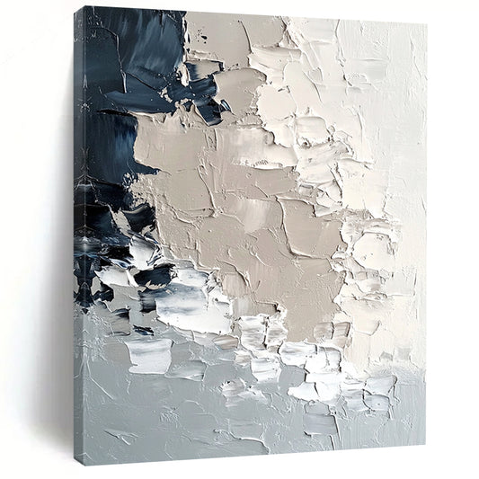 Contemporary hand-painted abstract art featuring textured icebergs in soft neutral tones and melting snowflakes, evoking a modern minimalist aesthetic. DLZ0427