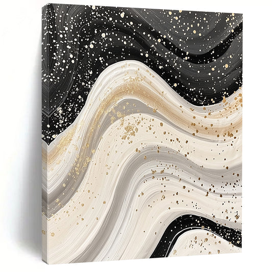 Black, White & Gold Swirling Waves - “Luxe Fluid Motion” Painting On Canvas HB210