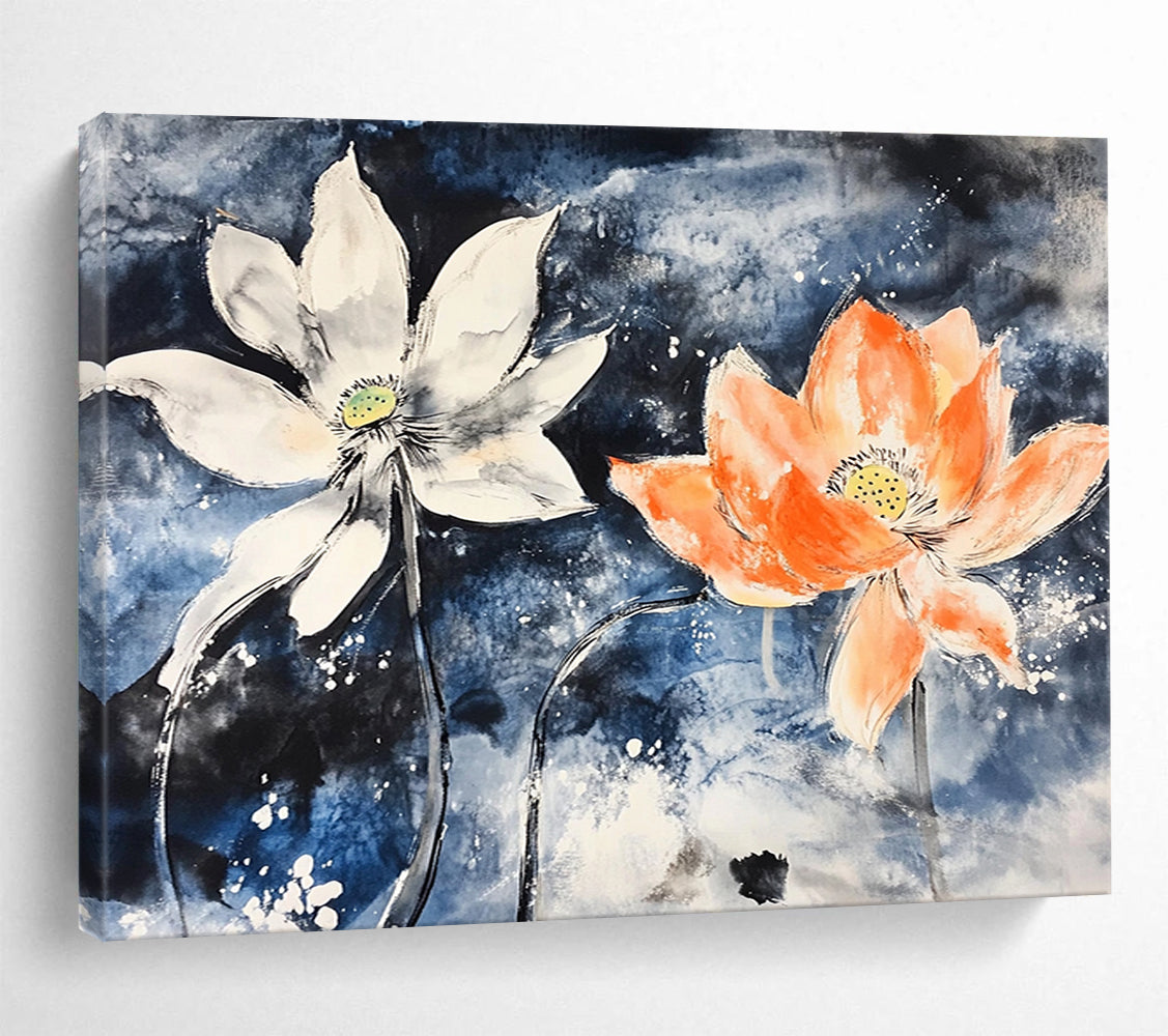 “Lotus Flowers In Blue” - Blue, White, Orange, Ink - Wash Floral Painting On Canvas HB0680