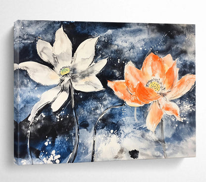 “Lotus Flowers In Blue” - Blue, White, Orange, Ink - Wash Floral Painting On Canvas HB0680