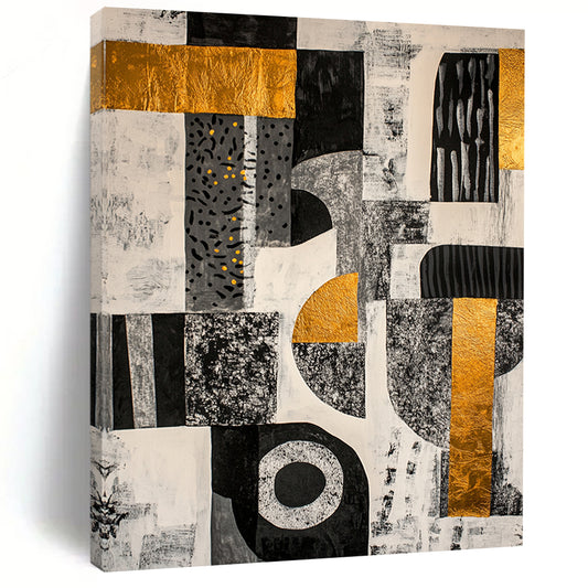 Black, White, Gray, Gold and Yellow Geometric Collage "Vibrant Mosaic" Painting On Canvas HB377