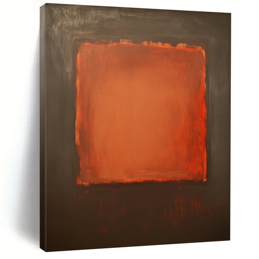 Contemporary hand-painted abstract art features a large burnt sienna canvas with a small textured orange square against a dark gray background. DLZ1380