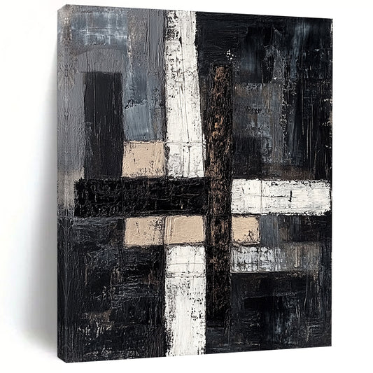 Black, Gray, Beige, White with Textured Blocks "Subtle Stories" Abstract Painting On Canvas HB007